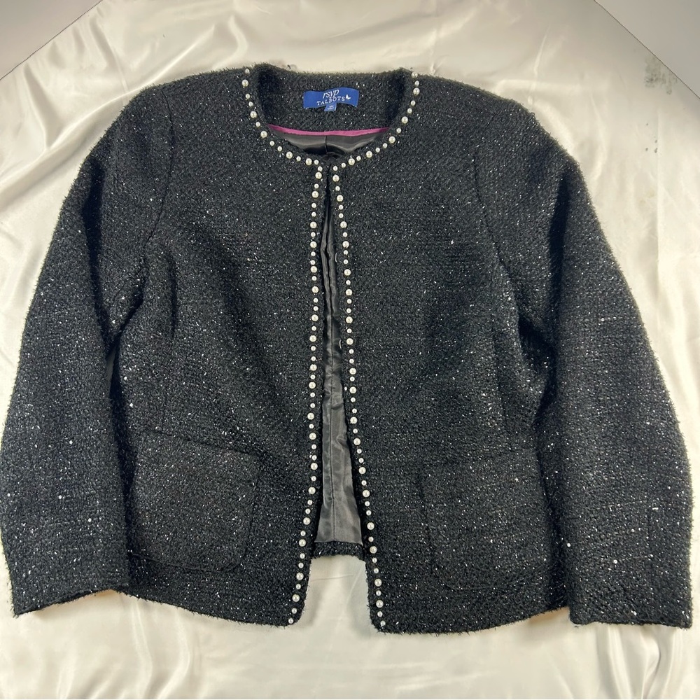 RSVP by Talbots Women’s Black Tweed Pearl-Trim Jacket Elegant Topper Size 10P - Picture 2 of 16